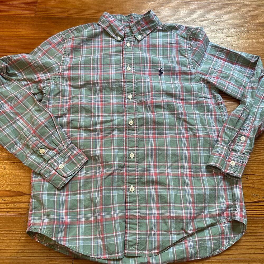 Ralph Lauren green pink plaid long sleeve button‎ up shirt SIZE L 14-16